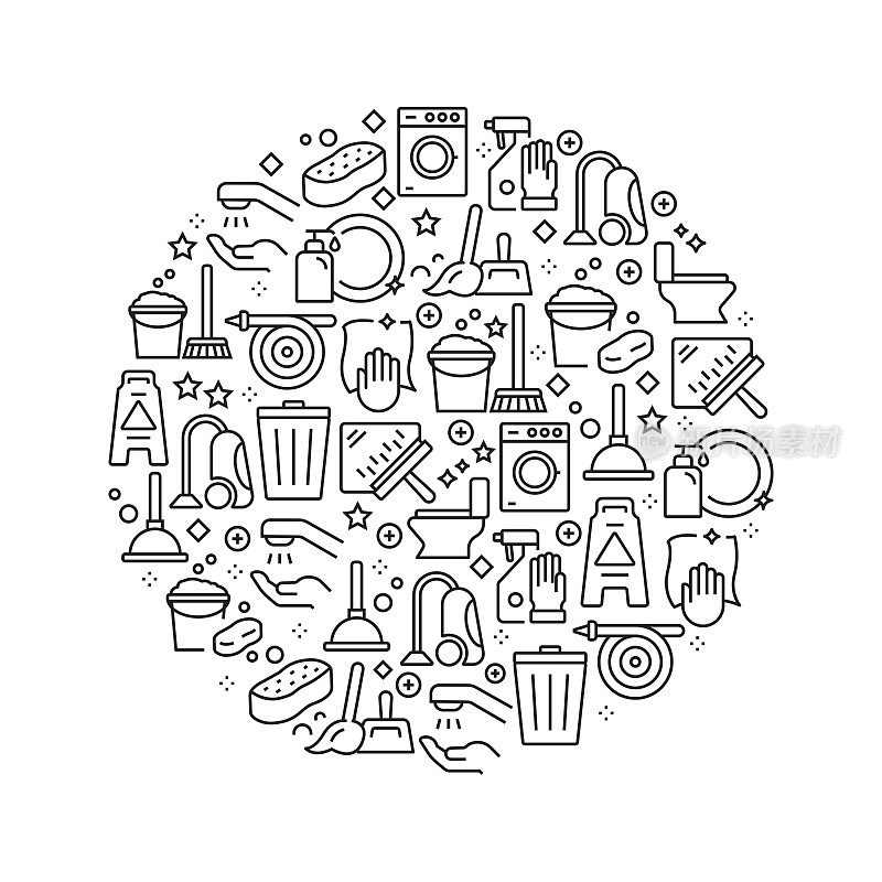 Cleaning Concept - Black and White Line Icons, Arranged in Circle